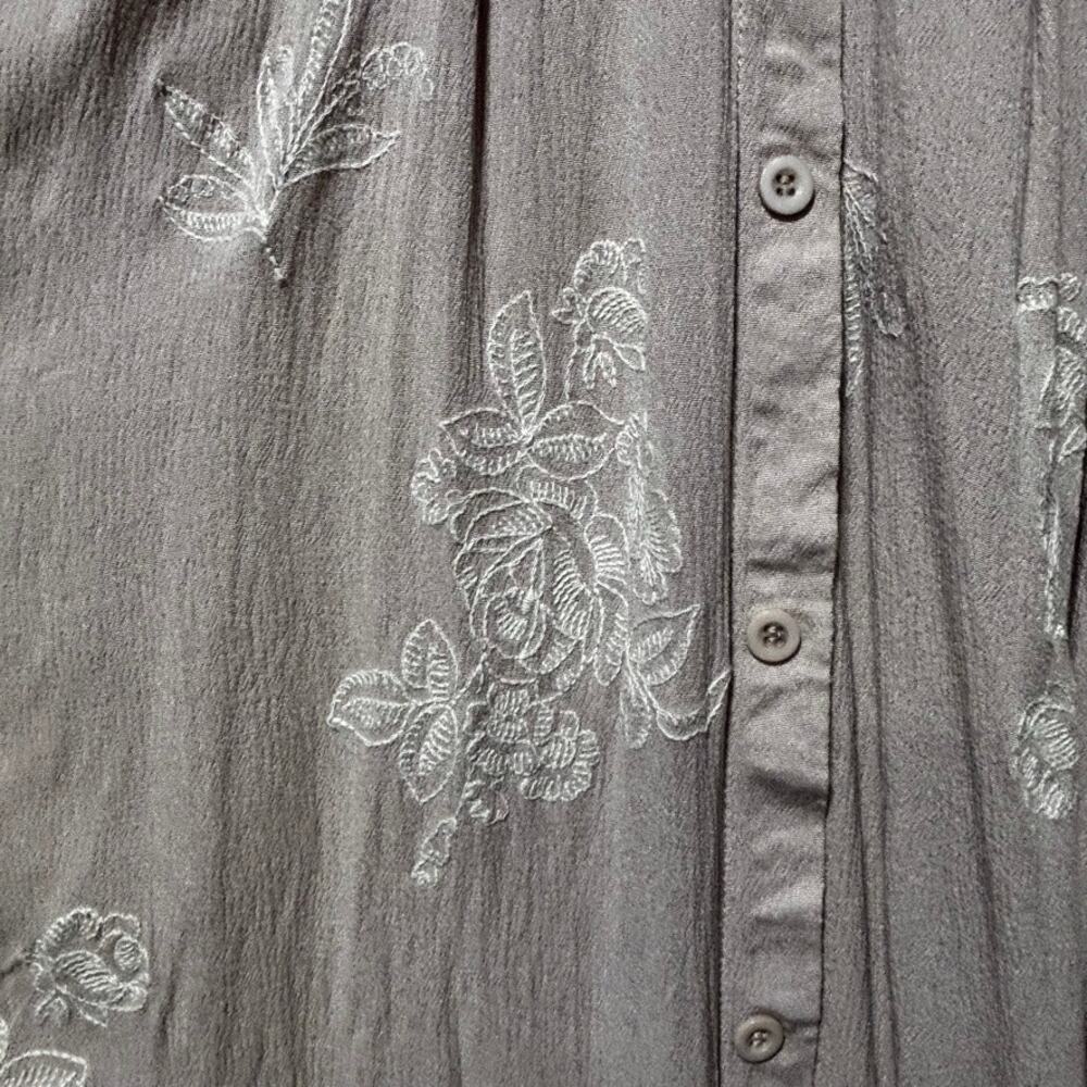 Mod Ref Taupe Embroidered Floral Dress Size S Button Front Boho Wedding Guest - Picture 2 of 11